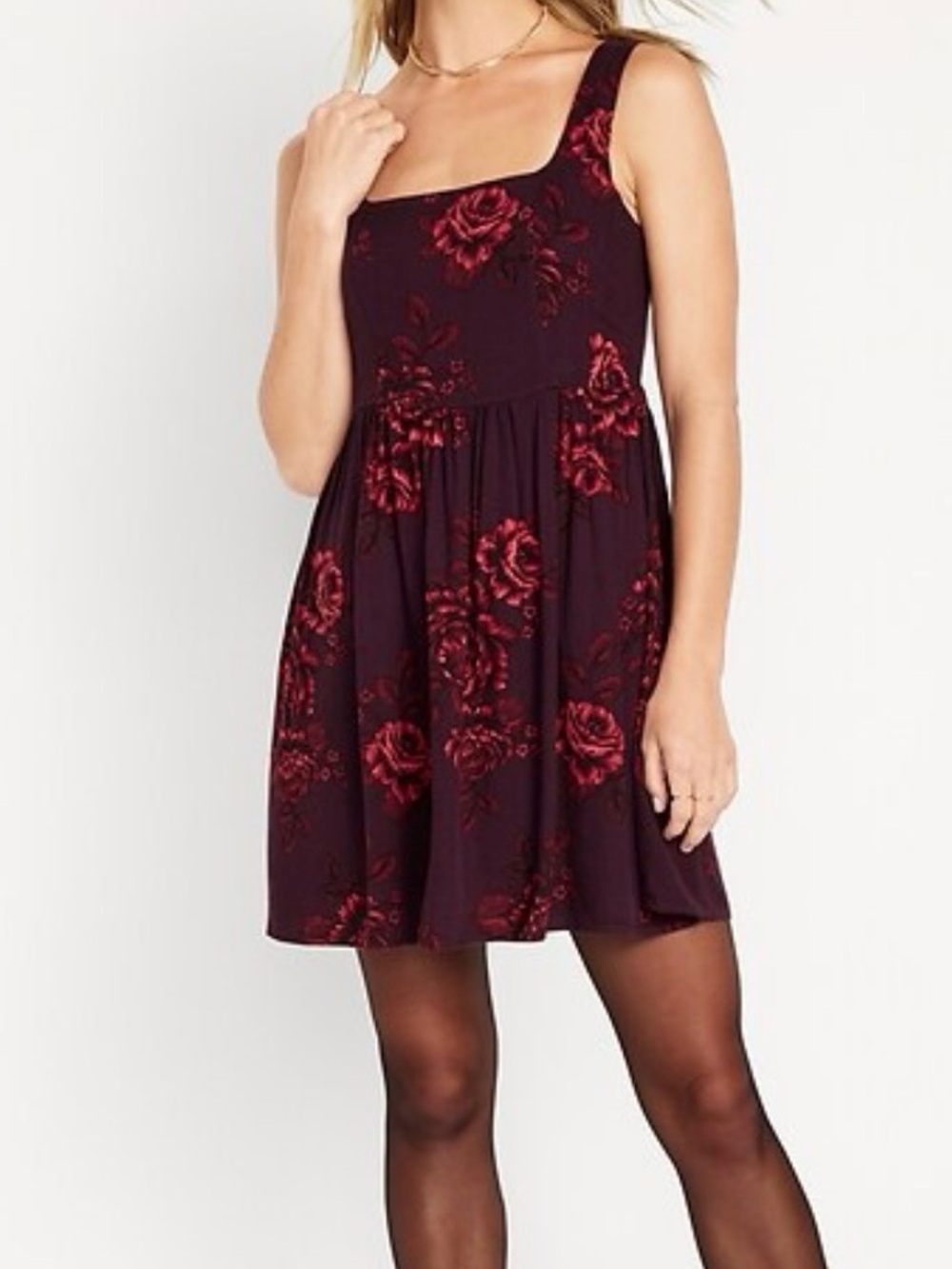Old Navy Burgundy Dress with Red Floral Print